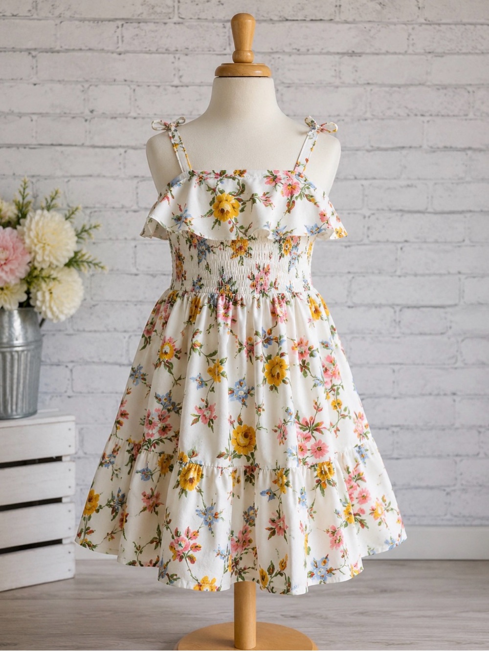 Janie and Jack Floral Dress Girls 3 Smocked Bow Straps Lined Tea Garden Party
